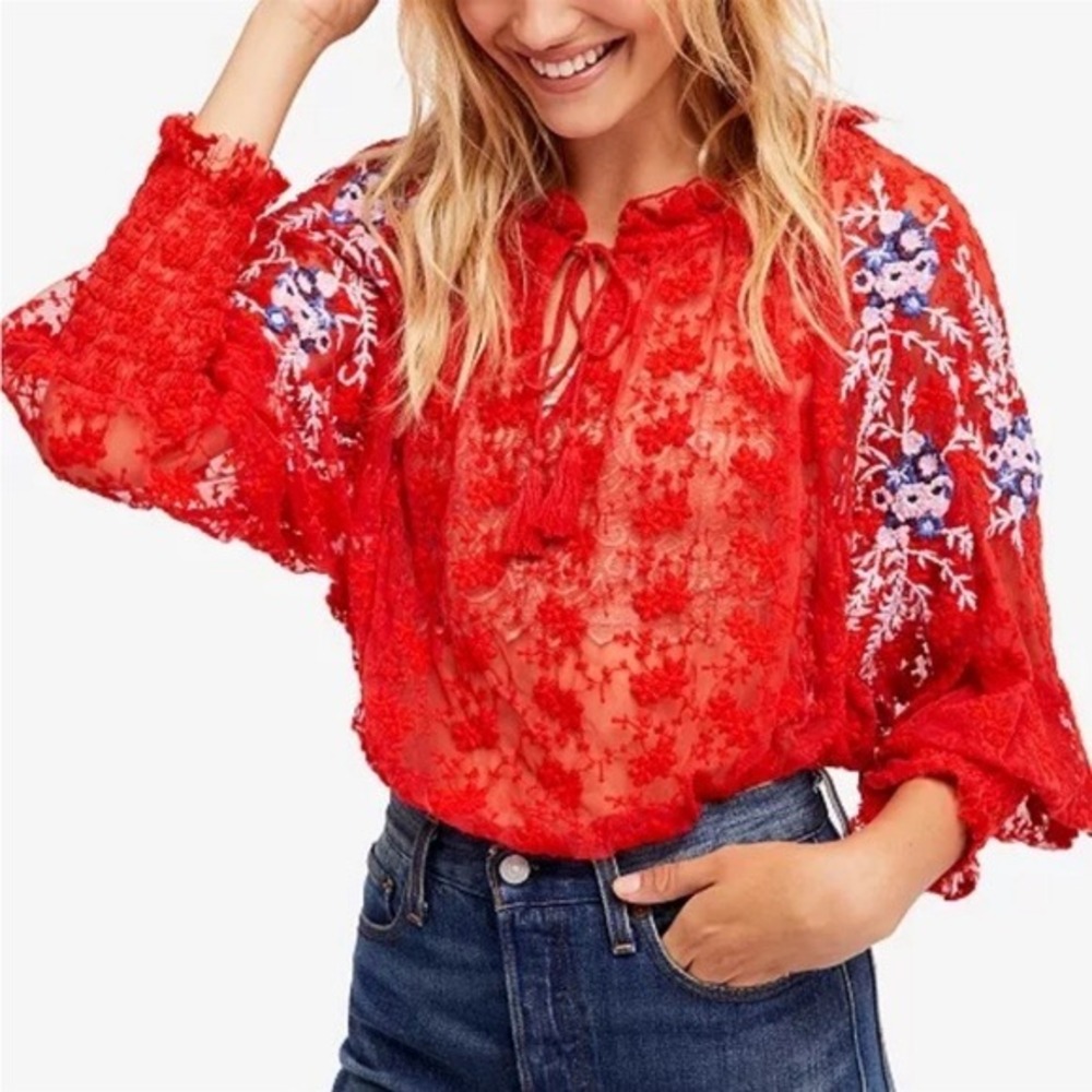 Free People Red Sheer Mesh Floral Embroidered Blouse Tassel Tie Top XS OB1207018